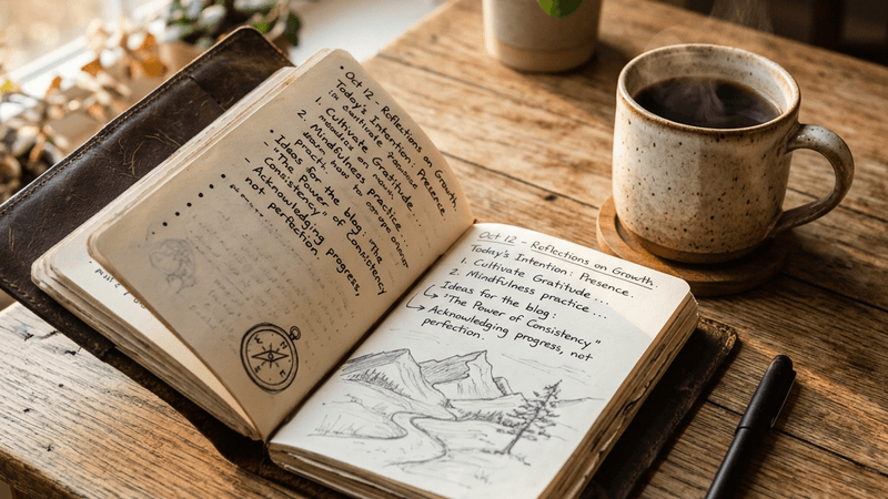 Open journal with handwritten notes next to a cup of morning coffee