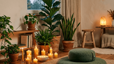 Peaceful meditation space with candles, cushion, and plants