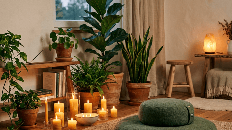 Peaceful meditation space with candles, cushion, and plants
