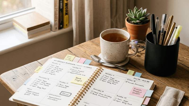 Weekly planner open on a desk with colorful sticky notes and pens